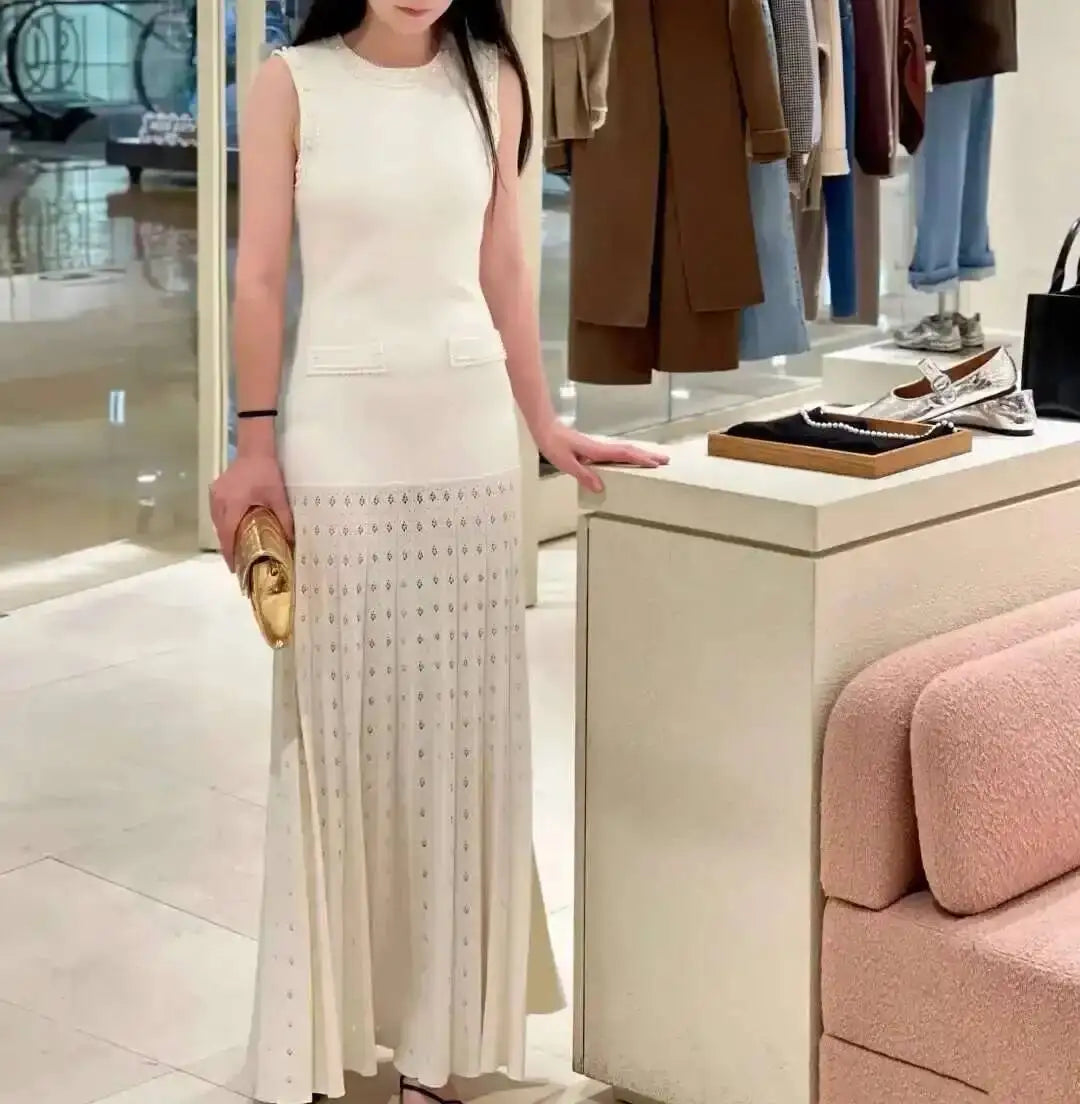 Pearls Decorated Women Round Neck Sleeveless Splicing Knitted Sweater Dress Elegant Or Short Knitted 2025 Spring New Women P8QA