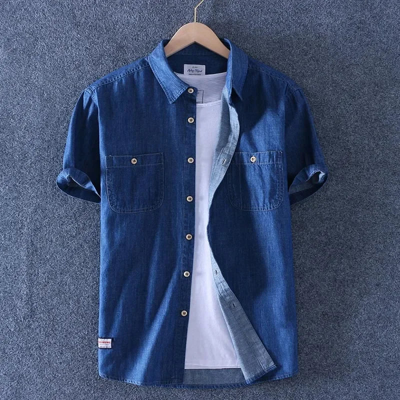 Schinteon Summer Men 100% Slub Cotton Shirt Short Sleeve Thin Slim Casual Denim Comfortable Shirt Two Front Pockets