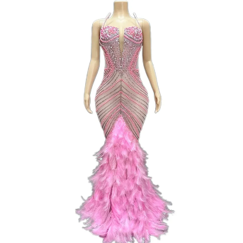 Luxury Pearls Grand Feather Sexy Floor-Length Dress Evening Party Performance Costume Bar Nightclub Singer Dancer Stage Wea