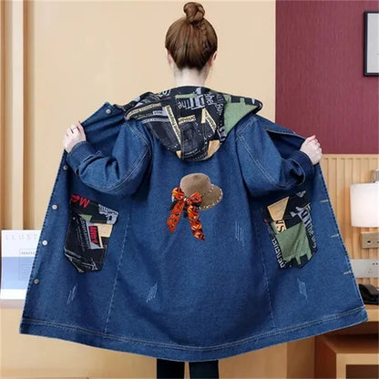 2025 Spring Autumn Denim Jacket Women Hooded Windbreaker Cartoon Printed Coat Long Outerwear Female Oversize 5XL Loose Overcoat