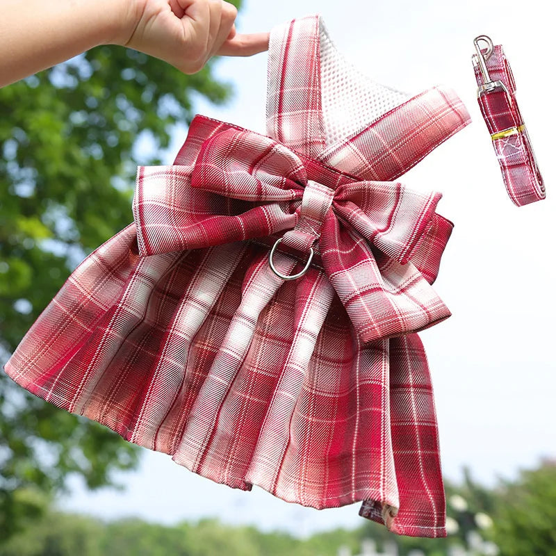 Bow Puppy Cat Dresses Summer Pet Clothes Fashion Plaid JK Dress with Leash Sets for Small Dogs Cats Kitten Clothing ropa gato