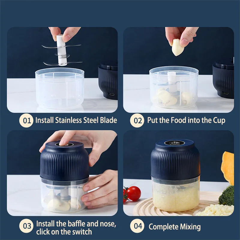 TINSOL 250ml Mini Wireless Electric Garlic Masher USB Rechargeable Vegetable Chopper Garlic Grinder Kitchen Garlic Food Chopper