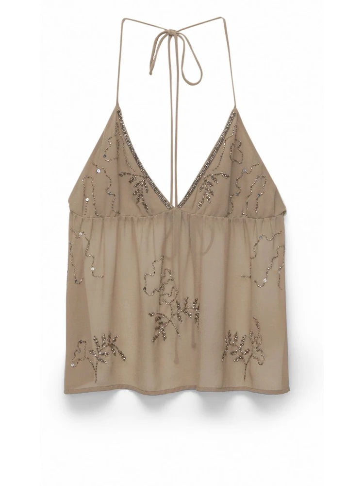 Sexy Backless Sequin Dress Women V-neck Sleeveless Loose Sling Female Mini Dresses 2025 Summer Chic Street Party Beach Lady Robe