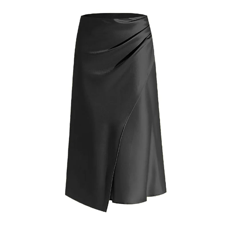New In 2025 Women's Summer High Waist Satin Pleated Split Green Long Skirt Solid Color Zipper Office Lady Party Elegant Skirts