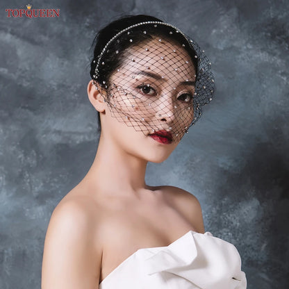 TOPQUEEN VA12 Wedding Birdcage Veil Bridal Blusher Veil White Headband Veil for Bridal Fascinators Black Face Net Mask Bachelore