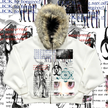 Y2k element horror parody plush thick warm fur collar hooded sweater lazy cardigan plush couple emo autumn and winter coat
