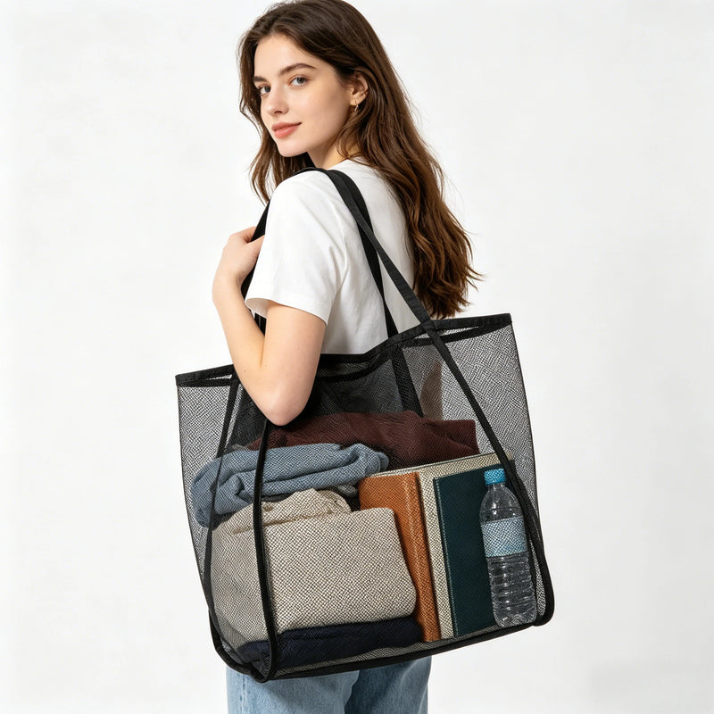 Travel Mesh Beach Bag, Large Beach Tote Bag for Family Travel/Vacation, Sandproof Woven Shoulder Handbag Large Inner Pocket.