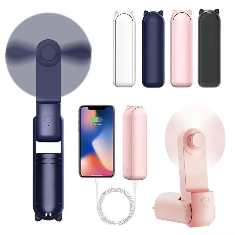 Portable Mini Handheld Fan Small Pocket Fan USB Rechargeable Battery Fan Folding Cooling USB Hand Fan with Power Bank