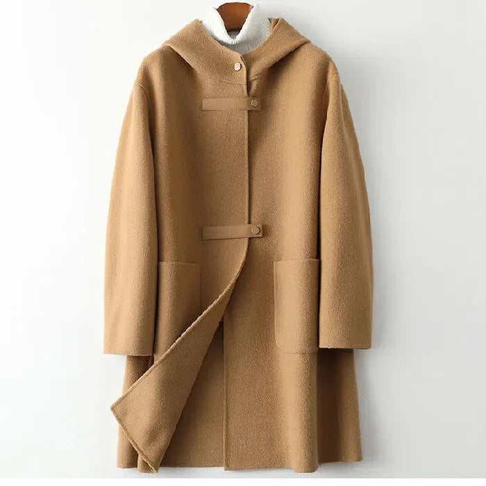 New Fashion Hooded Double-sided POLYESTER Coat Women Autumn Winter Double-sided Woolen Windbreakers Temperament Slim Wool Coats