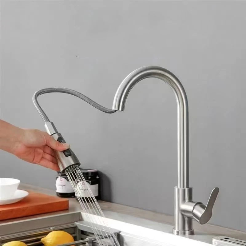 Stainless Steel Kitchen Faucet Single Hole Pull Out Spray 360° Swivel Sink Faucet High Arc Modern Design
