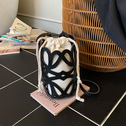 Solid Color PU Versatile Hollow Out Mini Bucket Bag Casual Drawstring Crossbody Bags Hot Sale Adjustable Strap Shoulder Bags