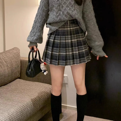 Retro Plaid Woolen Mini Skirt Women plus Size Spring Autumn Thickened Coffee Pleated Skirt Small Size High Waist A- Line Skirt