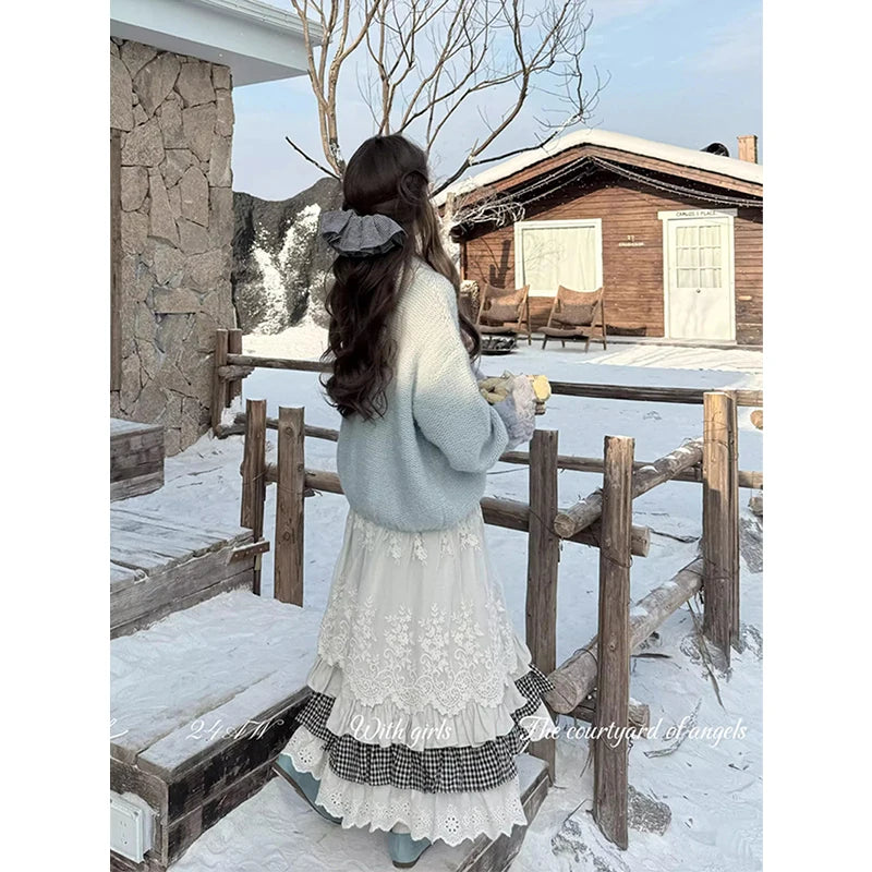 MEXZT Vintage Midi Skirt Women Kawaii Lace Plaid Patchwork Skirts Winter Harajuku Korean Ruffles High Waist Casual A Line Faldas