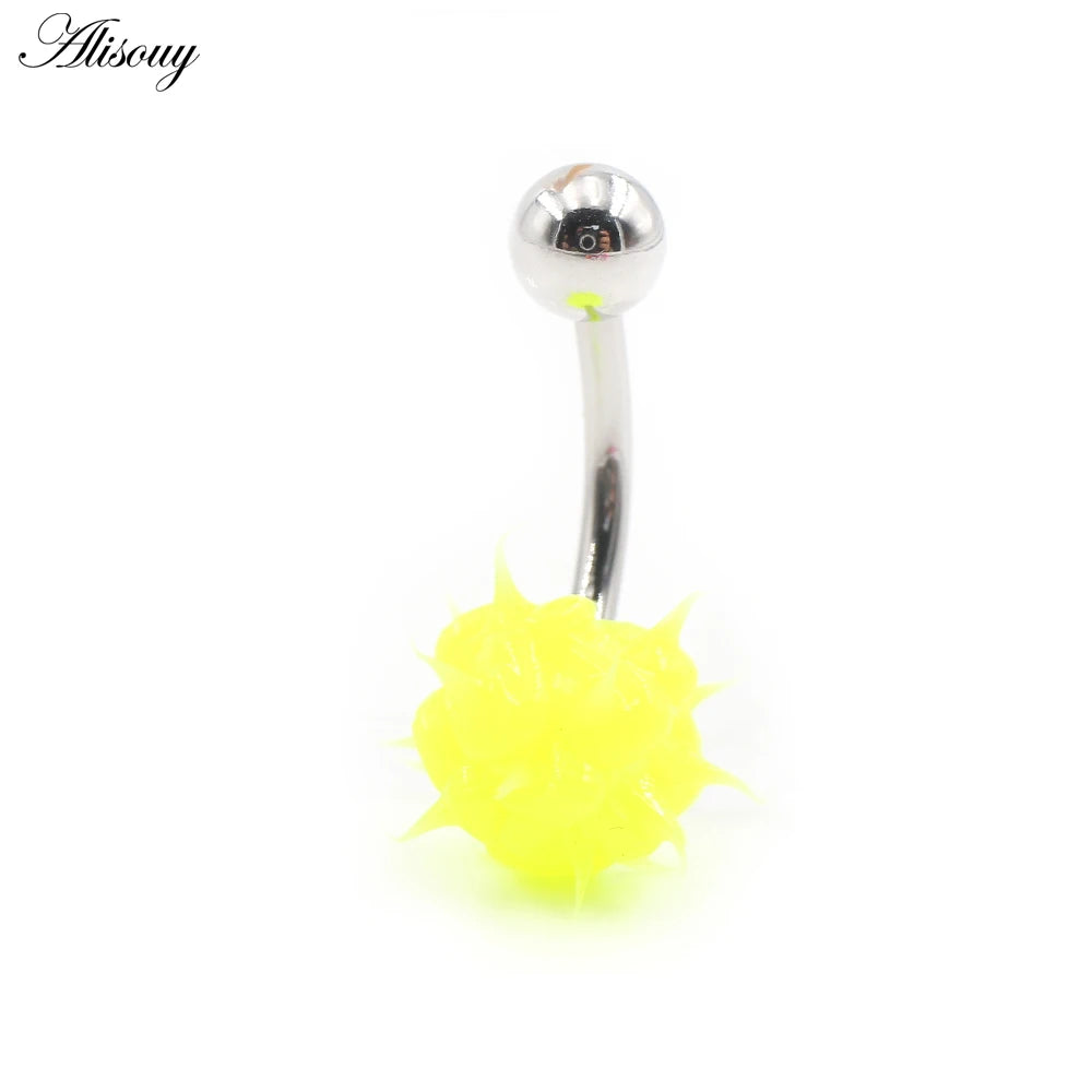 Alisouy 1PC 14G Silicone Rubber Brushed Fuzzy Ball Stainless Steel Bar Girl Women Belly Navel Button Ring Piercing Body Jewelry