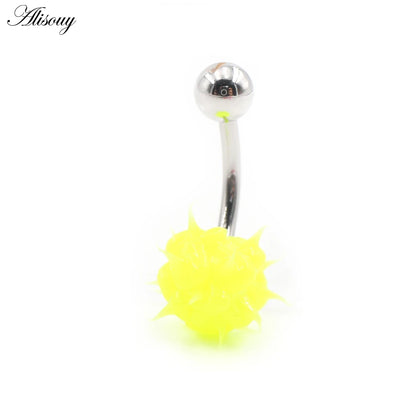 Alisouy 1PC 14G Silicone Rubber Brushed Fuzzy Ball Stainless Steel Bar Girl Women Belly Navel Button Ring Piercing Body Jewelry