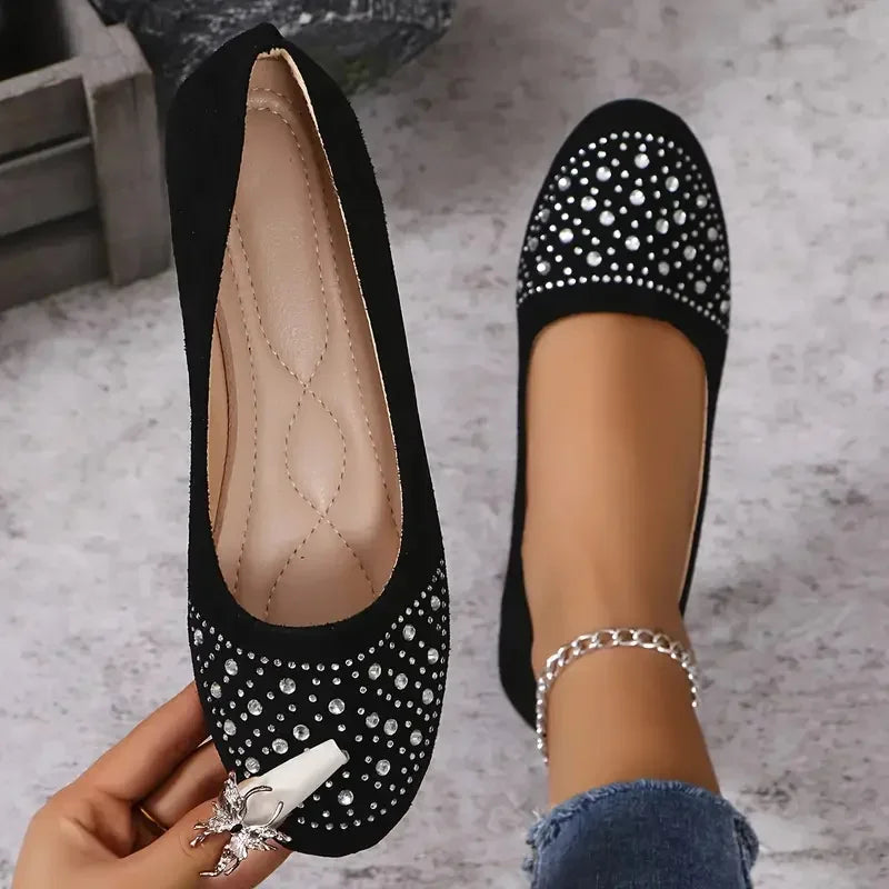 Women Flats Shiny Crystal Shallow Loafers Women Lightweight Non-Slip Ballet Flats Luxury Flock Soft Sole Walking Shoes for Women