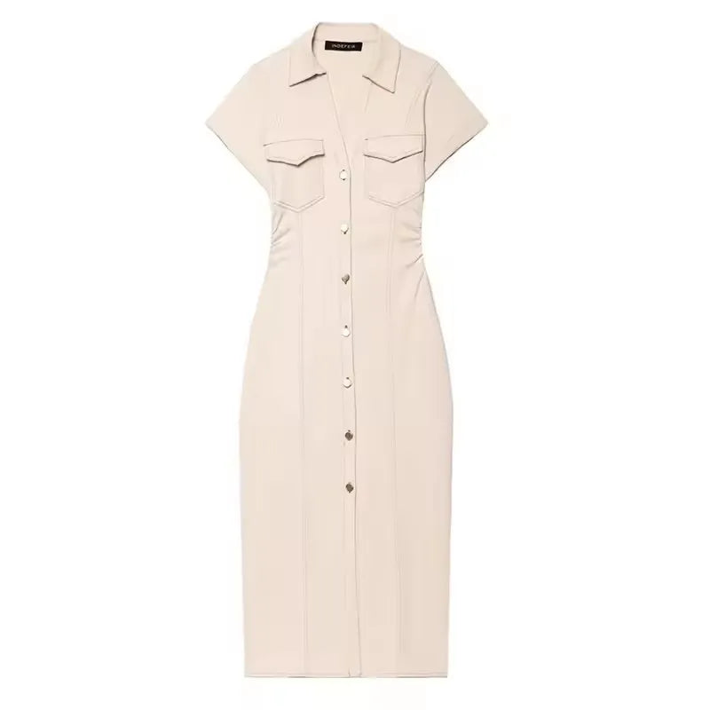 Denim Dress Women's Spring Summer Casual Long Dresses For Women 2026 New Fashion Ruched Short Sleeve Streetwear Midi Dress