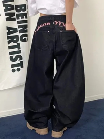 High Waist Straight Leg Bla Denim Jeans Women's Retro American Design kets Loose Fit Long Pants Slimming Effect