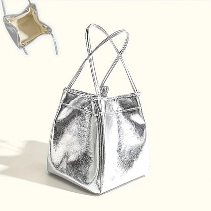 Sparkling Silver Mini Drawstring Bucket Bag, PU Glittery Crossbody Handbag with Wallet for Women