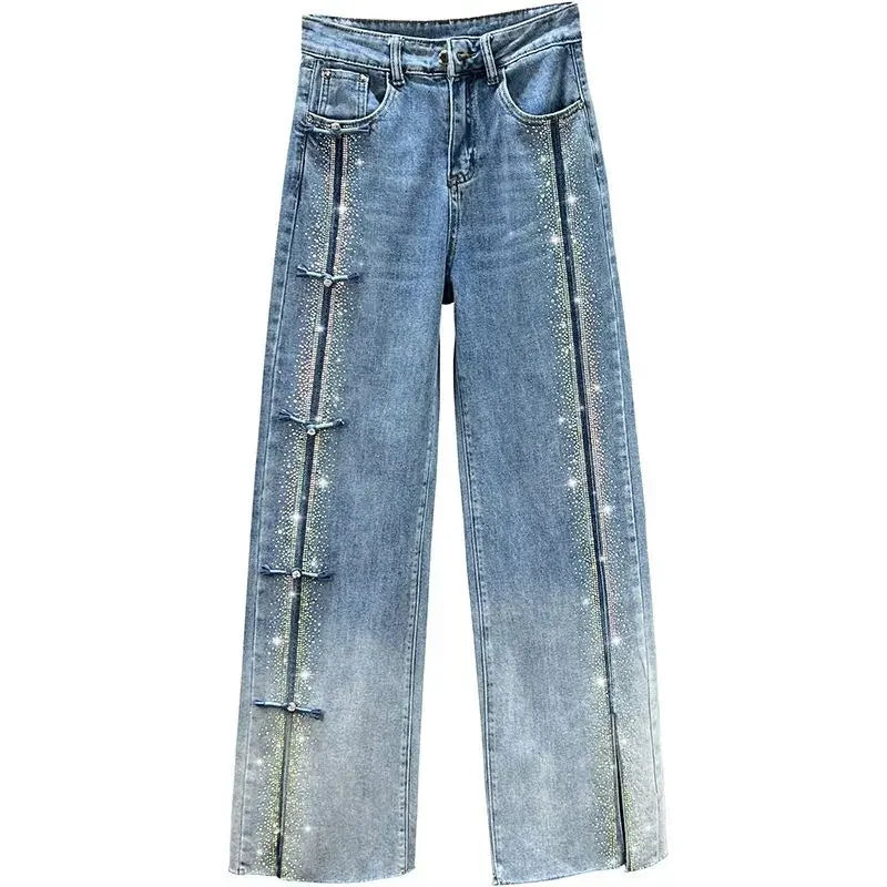 Rhinestone Jeans Women's Wide-Leg Pants 2023 Spring New High Waist Loose and Slimming Mop Pants Fashionable Trousers