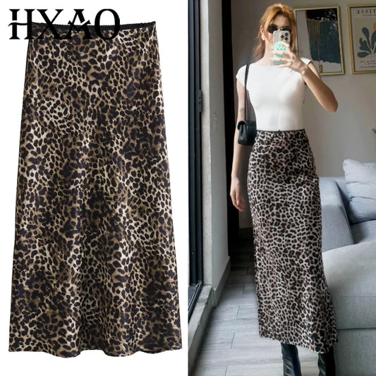 HXAO Women's Skirt Leopard Bow Satin Skirt Summer 2025 Vintage High Waist Wrap Long Skirts For Women Elegant High Street Skirts