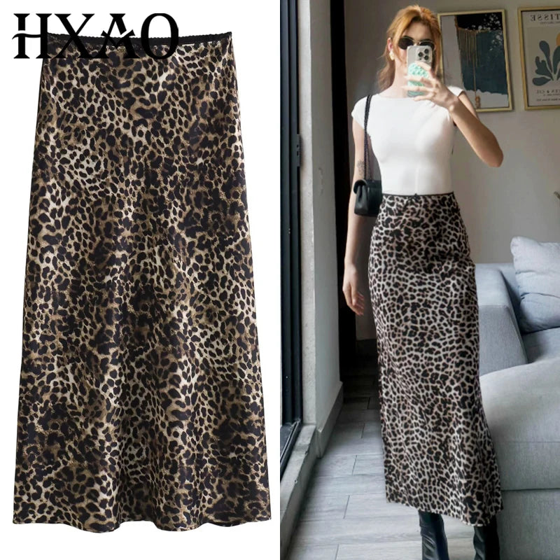 HXAO Women's Skirt Leopard Bow Satin Skirt Summer 2025 Vintage High Waist Wrap Long Skirts For Women Elegant High Street Skirts