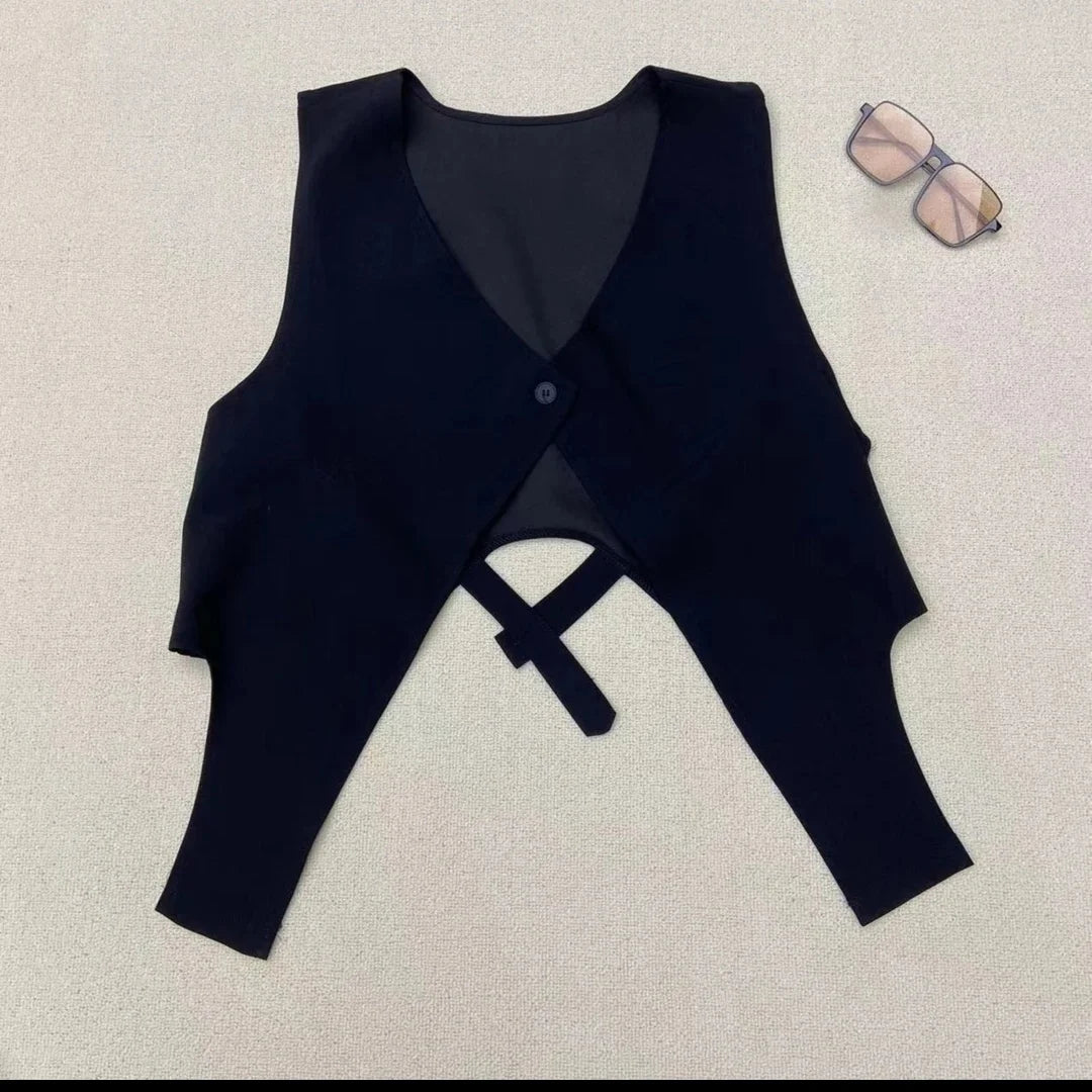 Black Vests Women Irregular V-neck Cool Single Button High Street Korean Fashion Chic Loose Pure Design Personality Retro Crop