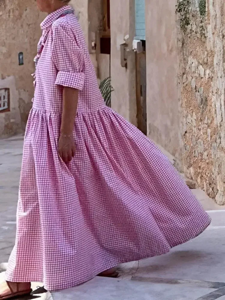 Fdey 2024 New Spring Autumn Long Sleeve Loose Button Casual Maxi Dresses Woman Korean Fashion Plaid Pleated Lapel Shirts Dress