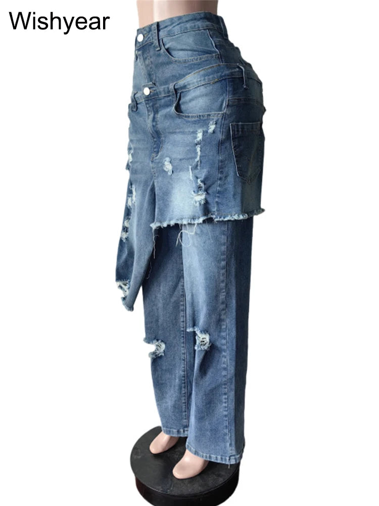 Casual Blue Stretch Denim Jeans with Apron Perforated Straight Wide Leg Trousers for Women Autumn Winter Streetwear Y2K Style