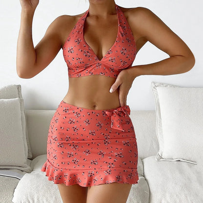 Women Halter Deep Bikinis Set Printed Three Piece Beach Wear Dress Sexy Ruffled Wrap Buttocks Swimwears Women'S Swimsuit