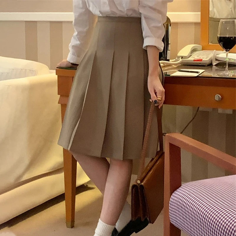 Khaki High Waist A-Line  Skirt Women's Spring Summer New Sle Slimming Small Size Pleated Skirt Commute Sle