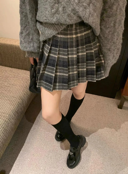 Retro Plaid Woolen Mini Skirt Women plus Size Spring Autumn Thickened Coffee Pleated Skirt Small Size High Waist A- Line Skirt