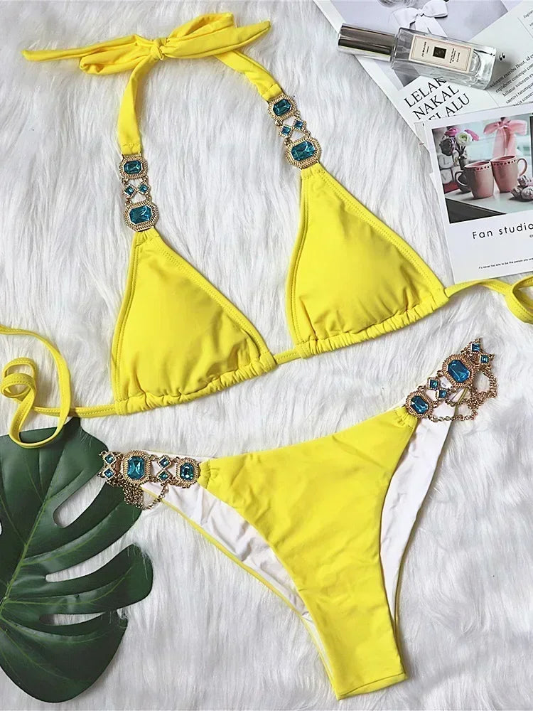 Halter Crystal Rhinestone Diamond Bikini 2025 Female Swimsuit Women Swimwear Two Pieces Bikini set Brazilian Bathing Suit Swim