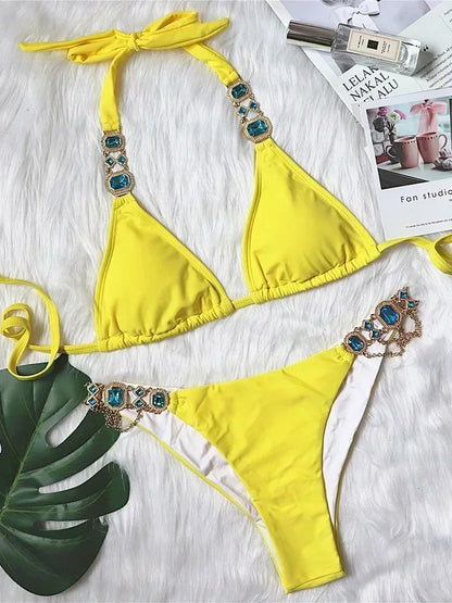 Halter Crystal Rhinestone Diamond Bikini 2025 Female Swimsuit Women Swimwear Two Pieces Bikini set Brazilian Bathing Suit Swim