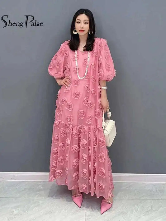 SHENGPALAE Fashion Rose Blossom Bubble Sleeve V-Neck Dress Elegan Chic Short Sleeve Robe Women's 2024 Summer New Clothing 5R3438