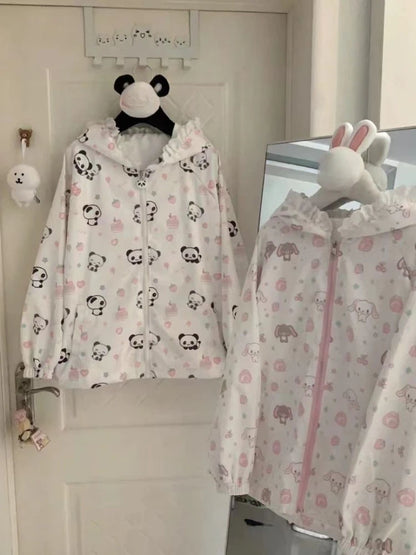 Japanese Kawaii Cartoon Print Jackets Loose Y2k Casual Sun Protection Women's Tops Lace Patchwork Preppy Grunge Hooded Coats