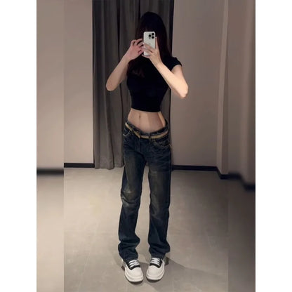 Women's American Personalized Wing Embroidered Jeans 2025 Low Waist Design Micro Flared Jeans Retro Harajuku Y2K Joker Jeans