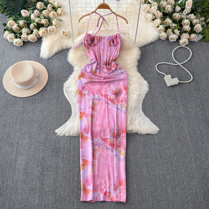 Foamlina Sexy Floral Print Halter Maxi Dress Women Elegant Sleeveless Fishbone Skinny Fit Bodycon Back Split Evening Party Dress