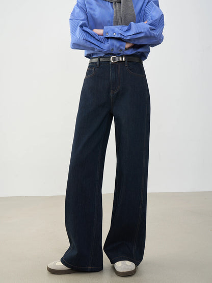 VIMLY Navy Blue Denim Woman Pants Autumn 2025 New Vintage Clothing Pockets Mid-waist Loose Female Trousers Women Clothes 75125