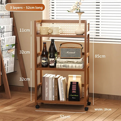 Wooden antique style coffee table, mobile coffee table, sofa side table, cart with pulley storage rack, rattan fence decoration