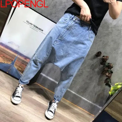 Women High Waist Chic Nine Points Harem Blue Jeans Hip Hop Street Cross-pants Full Length Clothing Boyfriend Washed Pants