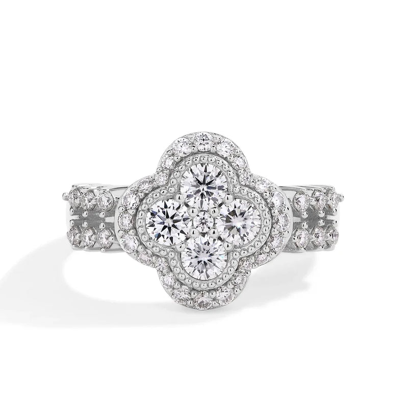 Fine Jewelry Four-Leaf 18k White Gold Plated Diamond Ring For Women S925 Sterling Silver Engagement Wedding Jewelry Gift