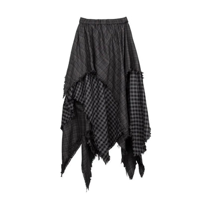 REDDACHiC Big Size Asymmetrical Plaid Skirt Retro Punk Raw Edge Irregular Patchwork Elastic Waist Long Skirt Women Acubi Fashion