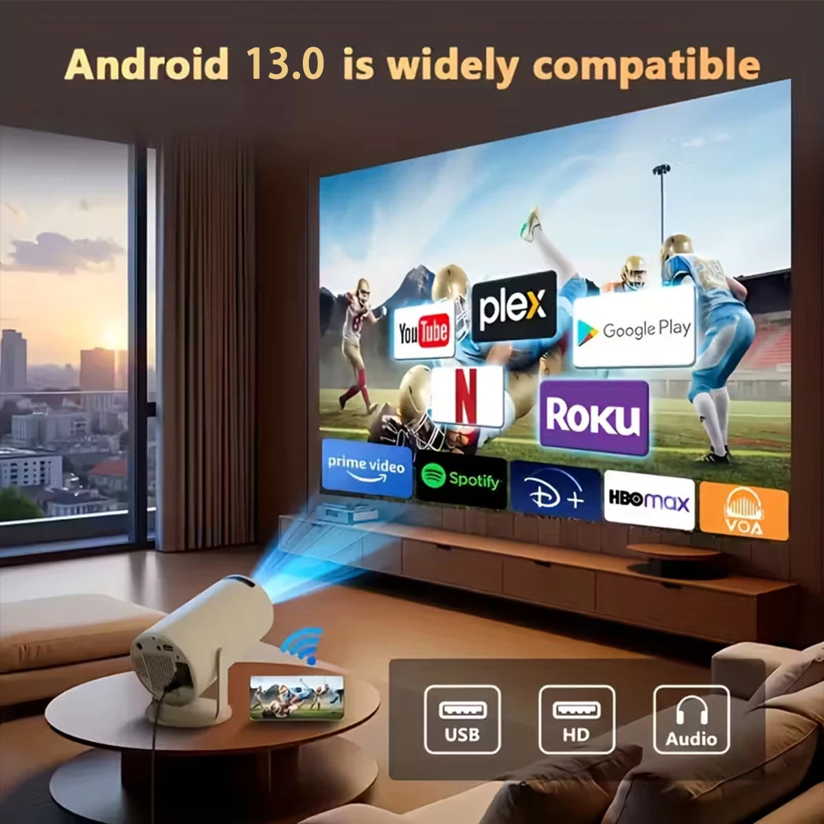 Portable HD Smart Projector Home Theater Full HD 1080P High Brightness Wireless Screen Mirroring Built-In Speaker WiFi Bluetooth