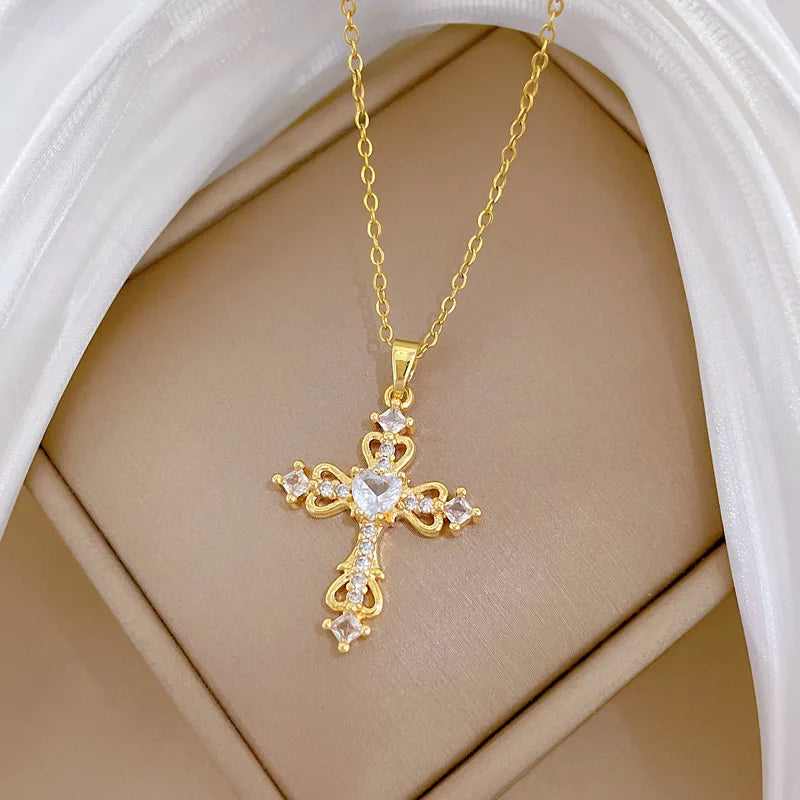 Sweet Cool Hollow Cross with Zircon Pendant Necklace for Women Girls Stainless Steel Chain Punk Cross Accessories Jewelry Gifts