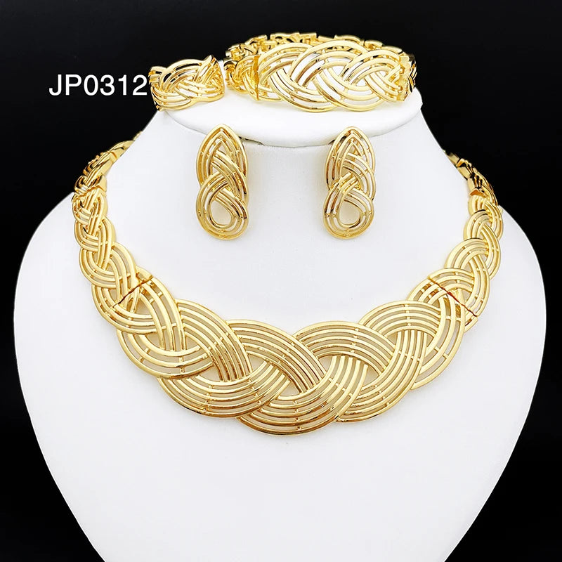 Fashion 18K Gold Plated Jewelry Set For Women Classic Design Woven Pattern Necklace Earrings Bracelet And Ring 4PCS Set Jewelry