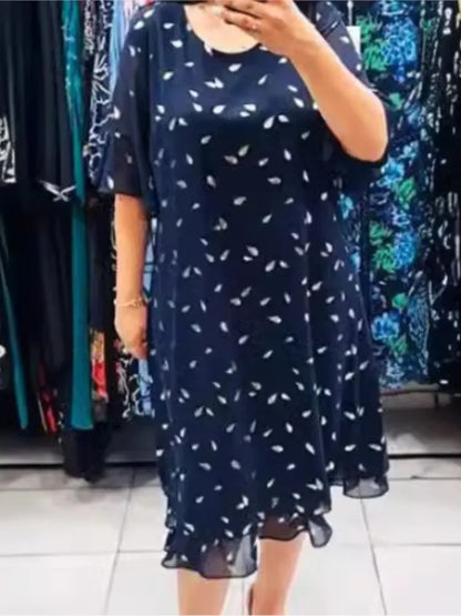 Fashion Print Midi Dress Summer Round Neck Short Sleeve Casual Loose Dress Elegant Women Splice Chiffon A Line Dresses Vestidos