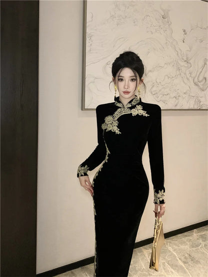 Ladies Mature Sheath Bodycon Black Dress with Long Sleeves Winter Autumn New Chinese Style Embroidery Velvet Modified Cheongsam