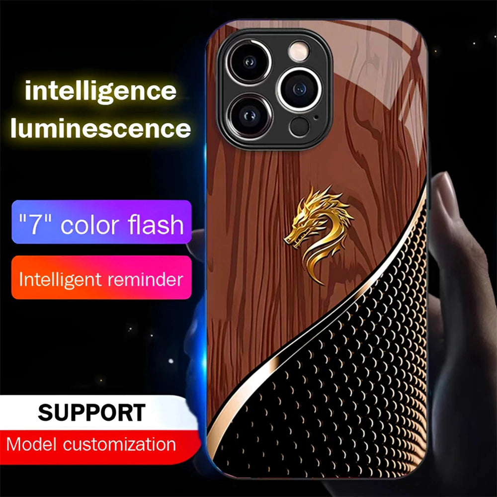 Wood Grain Dragon Emblem Sound Control LED Flash Cases Luminous Glass Cover For XiaoMi 15 14 13 12 11 Pro Ultra