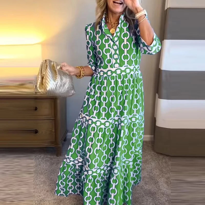 Casual Long Sleeve Pleated Party Dresses Vintage Pattern Print Loose Bohemian Dress Women Elegant V-neck Hight Waist Long Dress